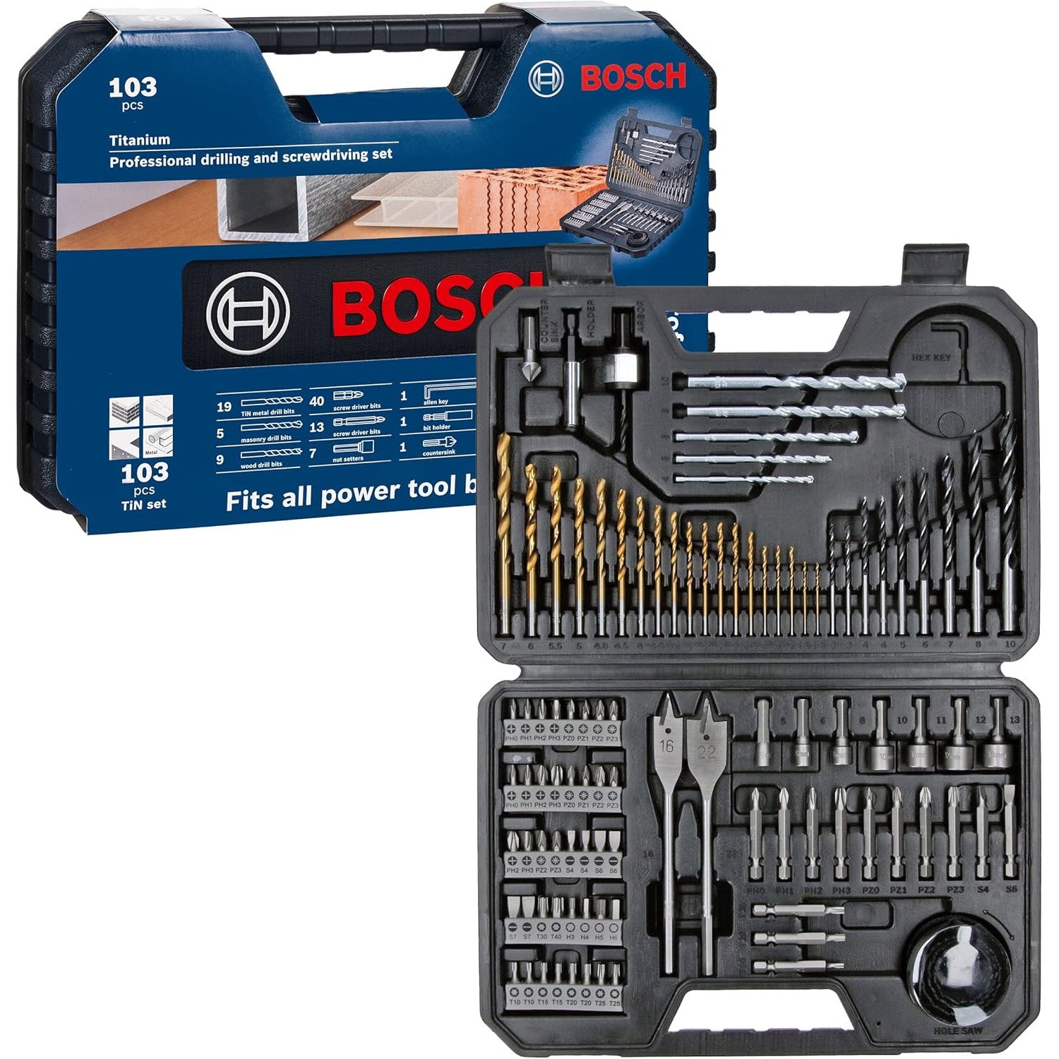 Set accesorii gaurire si insurubare Bosch Professional, 103 piese, pentru lemn, metal si zidarie, include burghie HSS si pentru lemn, biti PH/PZ/Torx/Hex, carote, chei tubulare, suport universal si cutie de transport