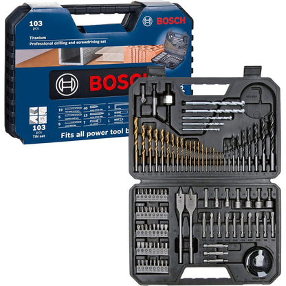 Set accesorii gaurire si insurubare Bosch Professional, 103 piese, pentru lemn, metal si zidarie, include burghie HSS si pentru lemn, biti PH/PZ/Torx/Hex, carote, chei tubulare, suport universal si cutie de transport