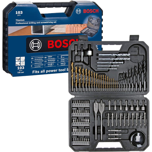 Set accesorii gaurire si insurubare Bosch Professional, 103 piese, pentru lemn, metal si zidarie, include burghie HSS si pentru lemn, biti PH/PZ/Torx/Hex, carote, chei tubulare, suport universal si cutie de transport