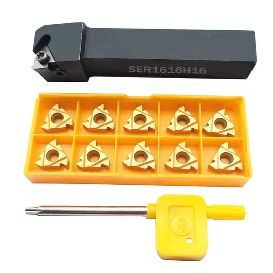 Suport scule strung CNC SER1616H16 5/8", cu 10 insertii din carbura 16ER AG60, set pentru filetare metal, taiere dreapta, pas 0.5–3.0 mm, constructie otel rezistent cu finisaj oxidat negru, stabil si durabil, cheie T8 inclusa, pentru atelier si CNC