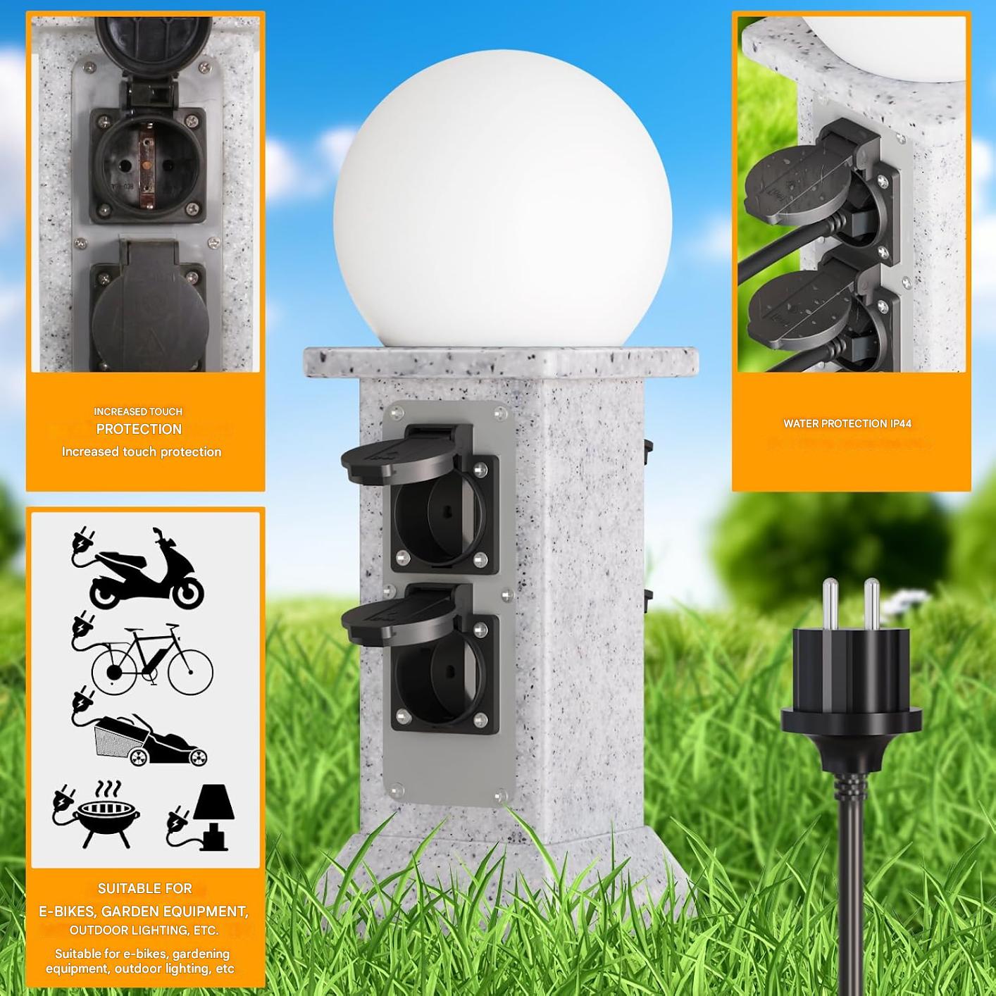 Priza de exterior decorativa, prelungitor cu 4 prize si lampa de gradina LED cu senzor de lumina, cablu de 3 m, impermeabil IP 44, priza de gradina 230V 16A cu aspect stalp de marmura
