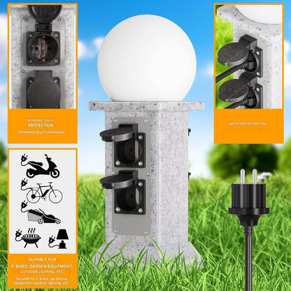 Priza de exterior decorativa, prelungitor cu 4 prize si lampa de gradina LED cu senzor de lumina, cablu de 3 m, impermeabil IP 44, priza de gradina 230V 16A cu aspect stalp de marmura