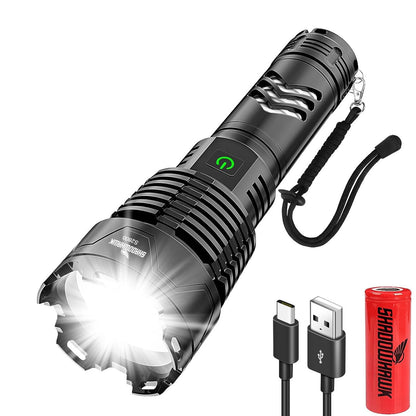 Lanterna tactica LED, din aluminiu, 30000 lumeni, profesionala, focus ajustabil, acumulator inclus, 5 moduri iluminare, rezistenta la apa, incarcare USB, sursa XHP160.2