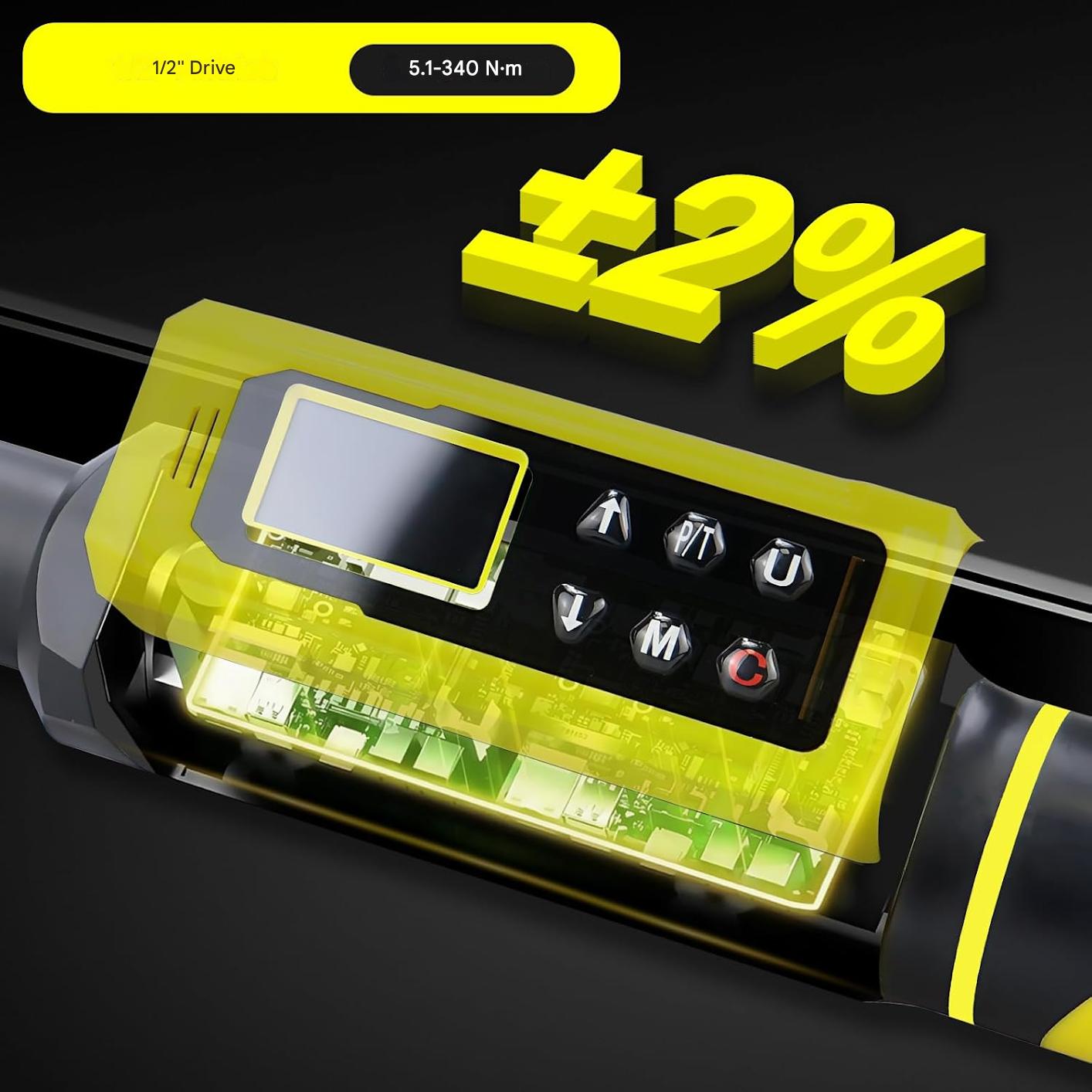 Cheie dinamometrica digitala 1/2 inch, cuplu 5.1–340 Nm, cu display LCD fata-verso, ±2% precizie, alerta sonora, cu cutie de depozitare, pentru auto, motociclete si biciclete