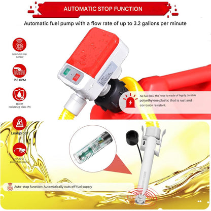 Pompa electrica de transfer combustibil, alimentare cu baterii, cu senzor de oprire automata, portabila cu 4 adaptoare, furtun lung 130 mm, multifunctionala pentru benzina, motorina, ulei – Pentru canistre, tractor, generator sau masina de tuns iarba