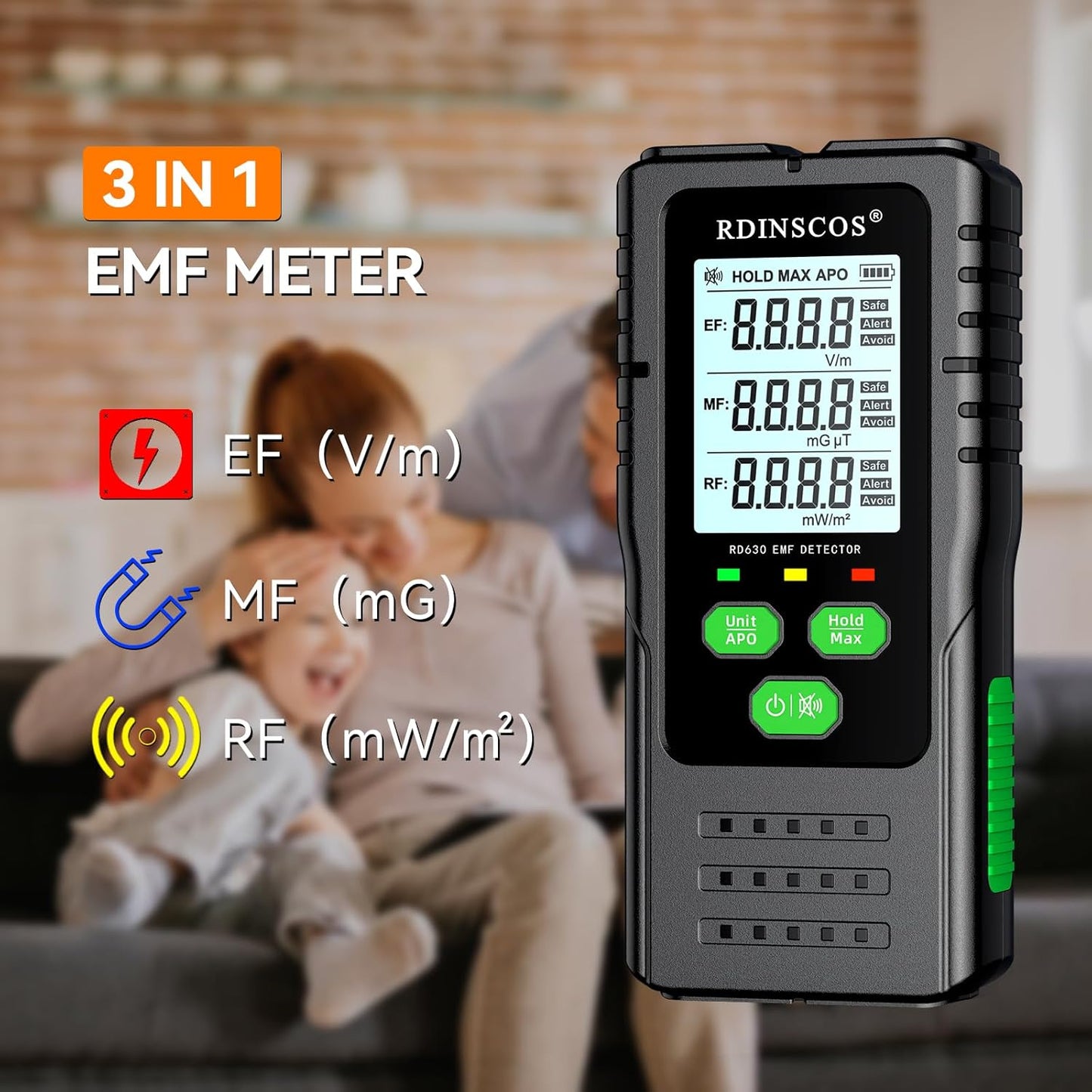 Detector radiatii electromagnetice EMF, MF, RF, digital, cu display LCD iluminat, alarma automata, pentru acasa, birou, in aer liber