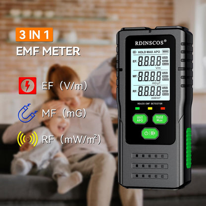 Detector radiatii electromagnetice EMF, MF, RF, digital, cu display LCD iluminat, alarma automata, pentru acasa, birou, in aer liber
