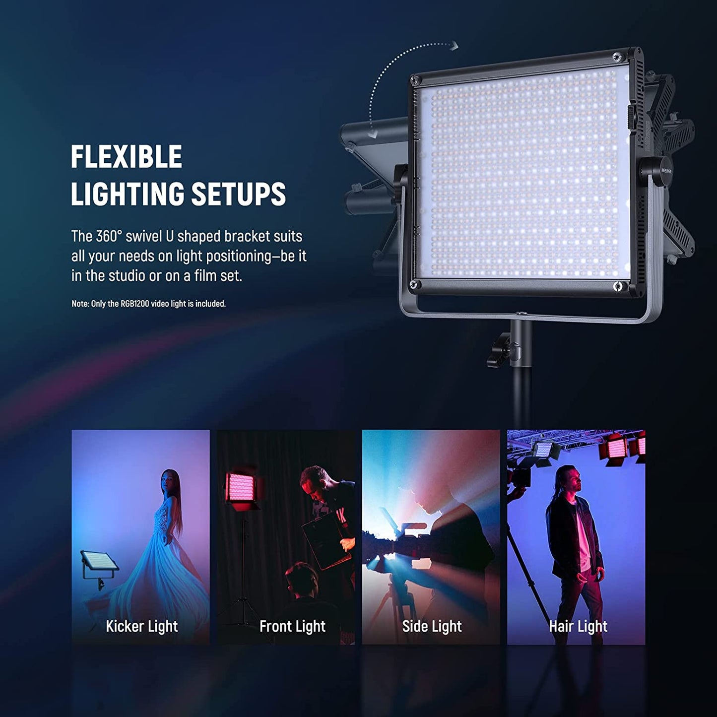Lumina continua LED RGB cu control aplicatie si 2.4G, 22.000 Lux@0,5m, CRI 97+ / TLCI 98+ / 2500K-8500K, 18 moduri de scena, ajustare culoare 360°, din aliaj de aluminu, Neewer