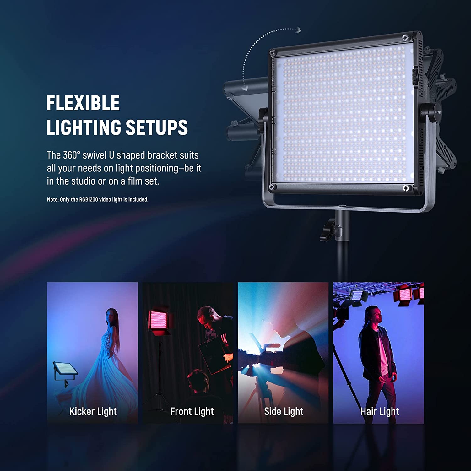 Lumina continua LED RGB cu control aplicatie si 2.4G, 22.000 Lux@0,5m, CRI 97+ / TLCI 98+ / 2500K-8500K, 18 moduri de scena, ajustare culoare 360°, din aliaj de aluminu, Neewer