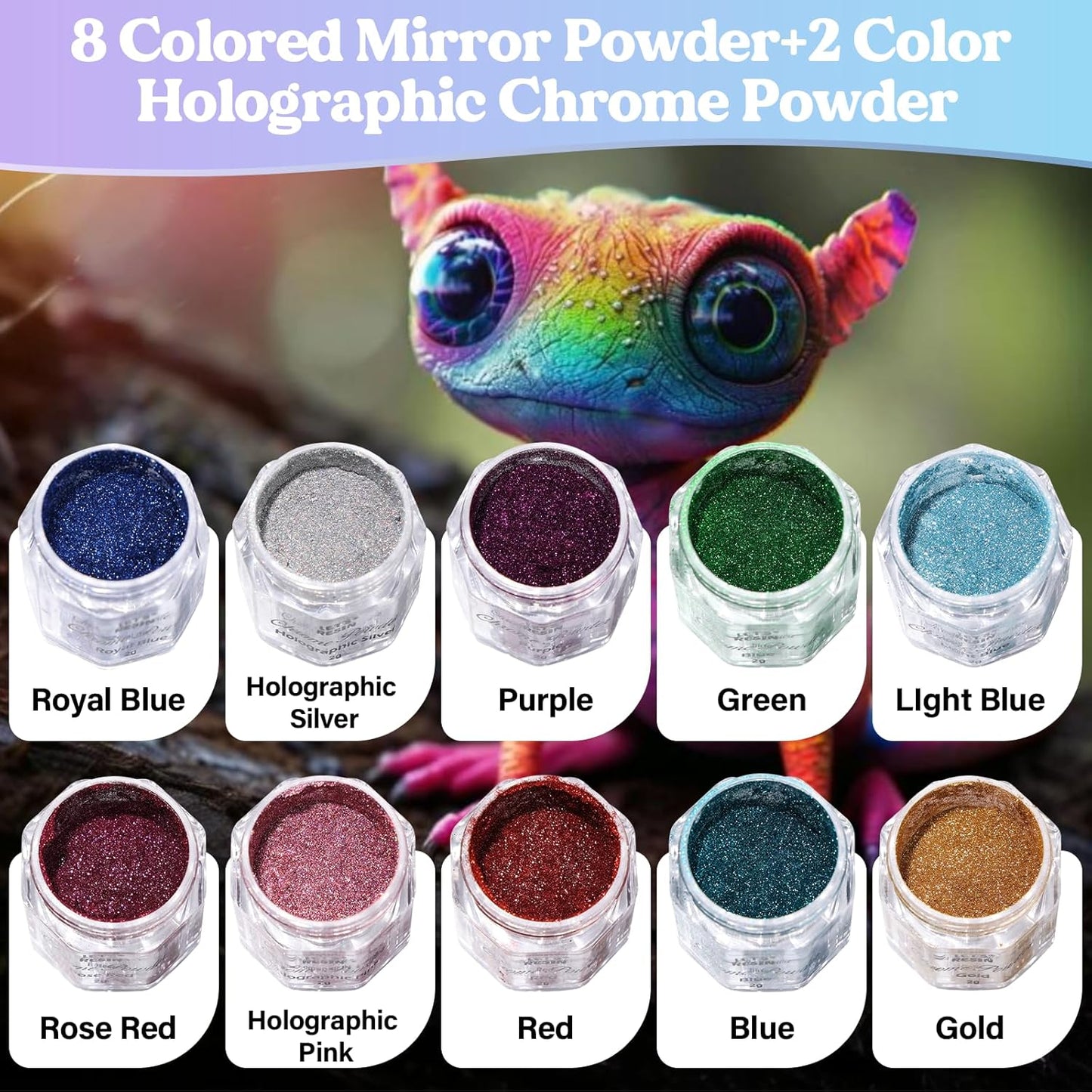 Pigment cromat pentru rasina 10 culori, 20g, pigmenti metalici pentru rasina epoxidica, efect oglinda mirror shine stralucitor, pigment fin ultra-reflexiv, usor de amestecat, pentru arta in rasina, turnare epoxidica, nail art, DIY Craft sau lumanari