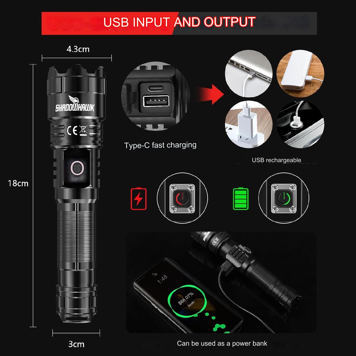 Lanterna tactica LED, din aluminiu, 10000 lumeni, profesionala, focus ajustabil, acumulator inclus, 5 moduri iluminare, rezistenta la apa, incarcare USB, sursa CREE XHP70.2