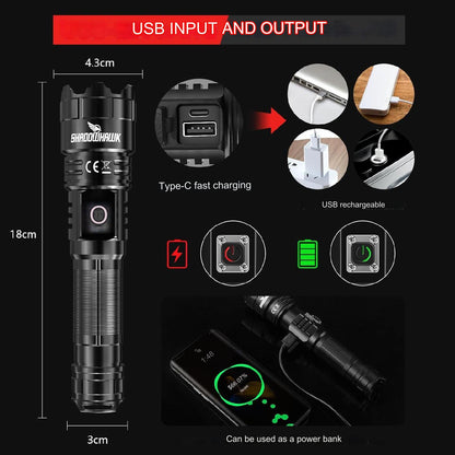 Lanterna tactica LED, din aluminiu, 10000 lumeni, profesionala, focus ajustabil, acumulator inclus, 5 moduri iluminare, rezistenta la apa, incarcare USB, sursa CREE XHP70.2