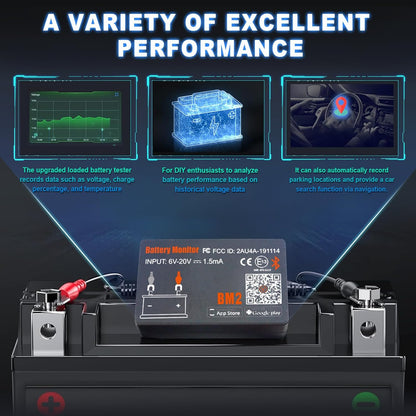 Tester baterie auto Bluetooth, dispozitiv monitorizare parametri baterie 12 V 100-2000 CCA, istoric masuratori, test pornire si incarcare, inregistrare timp clatorie, multifunctional