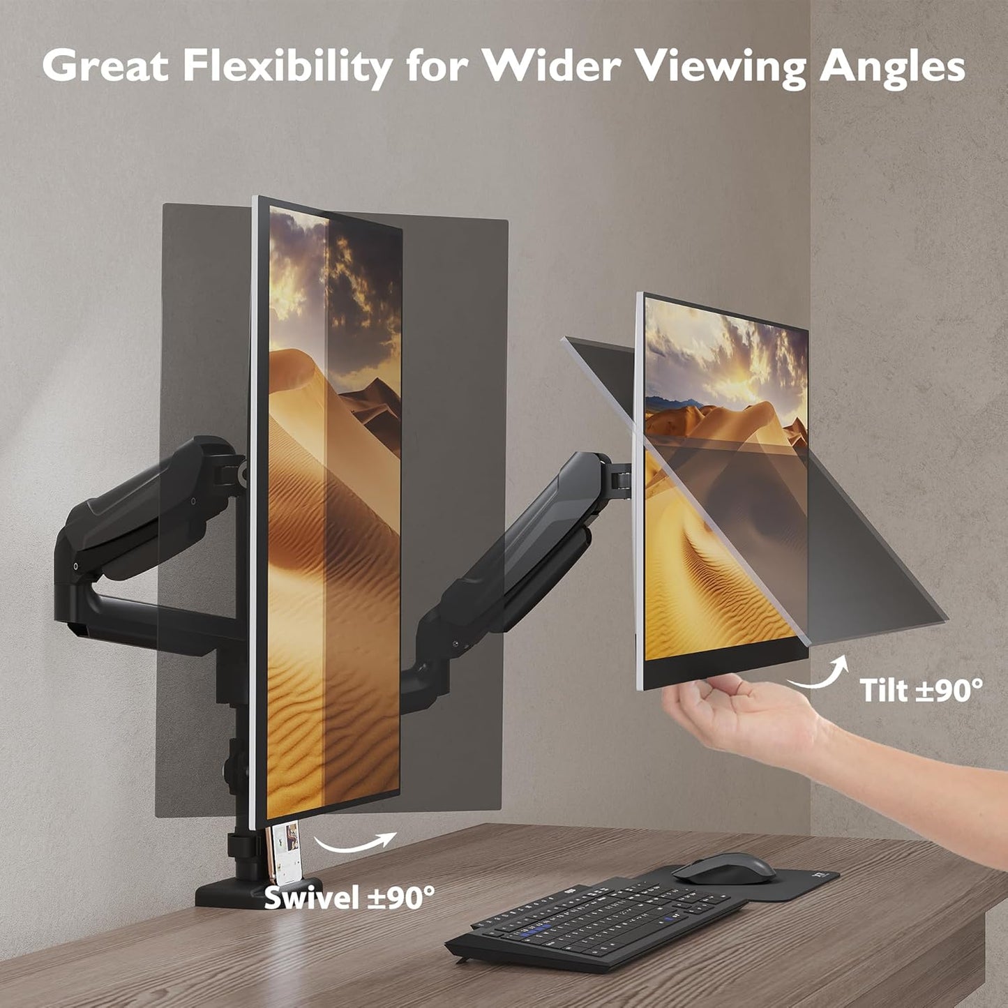 Suport 2 monitoare 13-32 inch, VESA 75/100 mm, greutate suportata pana la 9 kg, rotire 360°, inclinare 90°, amortizor cu gaz integrat, inaltime reglabila, prindere prin clema sau surub, negru