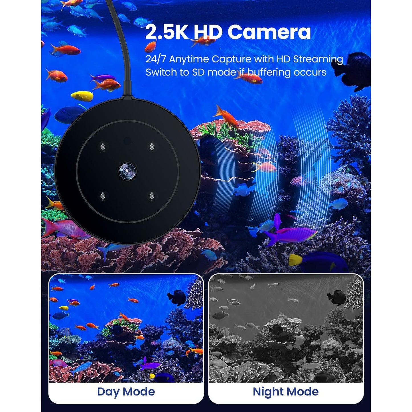Hranitor pentru pesti, smart, Wifi, de acvariu, cu camera 2.5K, monitorizare 24/7, nightvision, control prin aplicatie, rezistent la umiditate, 230 ml, hranire continua, portii ajustabile