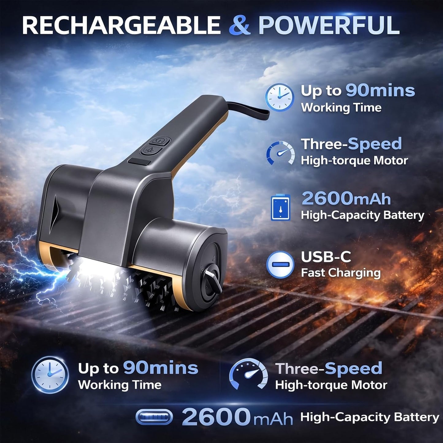 Perie electrica pentru curatat gratare, 3 Viteze, 3 capete de perie detasabile, motor puternic, baterie autonomie pana la 150 minute, IPX4 waterproof, peri otel inoxidabil 304, compatibil gratare gaz, carbune, fonta si ceramica