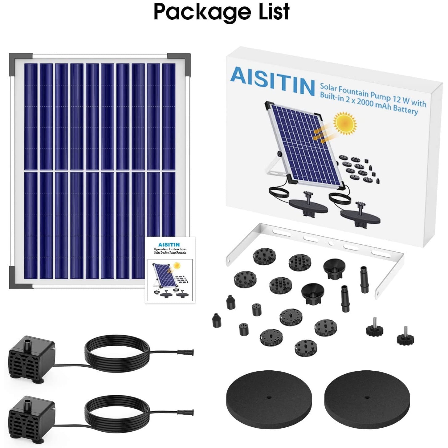 Set fantana arteziana solara 12 W cu 2 pompe, cu 2 baterii incorporate 2000 mAh, pompa de apa plutitoare cu 6 stiluri de jet pentru baie de pasari / iaz mic / gradina
