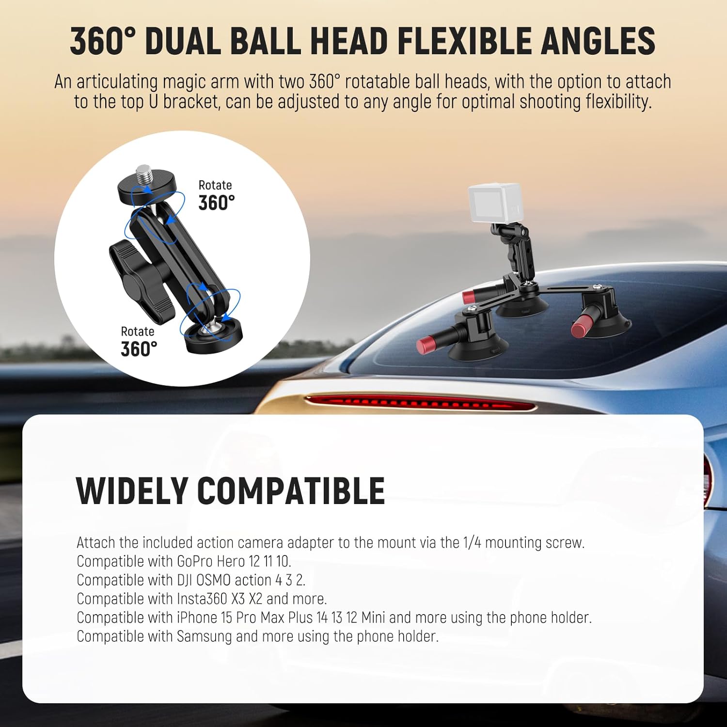Suport auto cu 3 ventuze pentru camera de actiune si telefon, cu montura cap bila rotativa 360°, sistem eliberare rapida, pentru GoPro, DJI Osmo, Insta360, iPhone, Samsung, negru