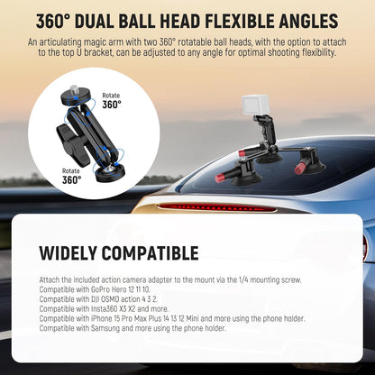 Suport auto cu 3 ventuze pentru camera de actiune si telefon, cu montura cap bila rotativa 360°, sistem eliberare rapida, pentru GoPro, DJI Osmo, Insta360, iPhone, Samsung, negru