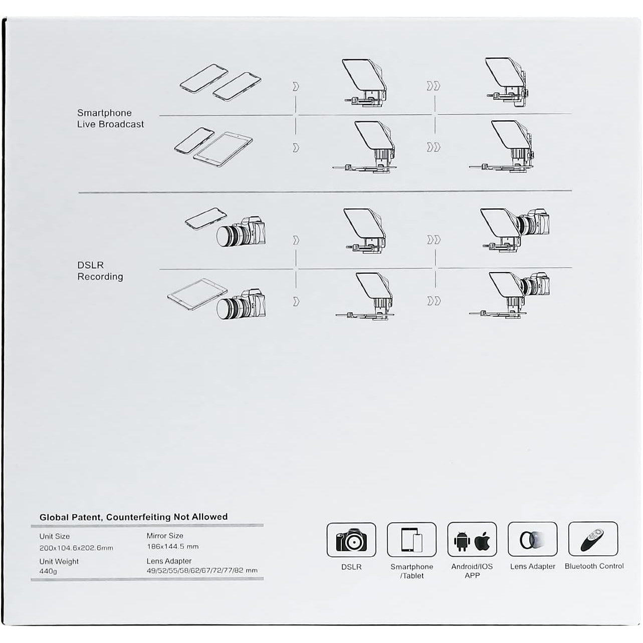 Kit teleprompter cu telecomanda si adaptoare obiectiv, pentru smartphone si tableta pana la 11 inch, cu aplicatie dedicata, pentru camere DSLR si smatphone