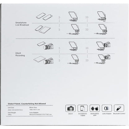 Kit teleprompter cu telecomanda si adaptoare obiectiv, pentru smartphone si tableta pana la 11 inch, cu aplicatie dedicata, pentru camere DSLR si smatphone
