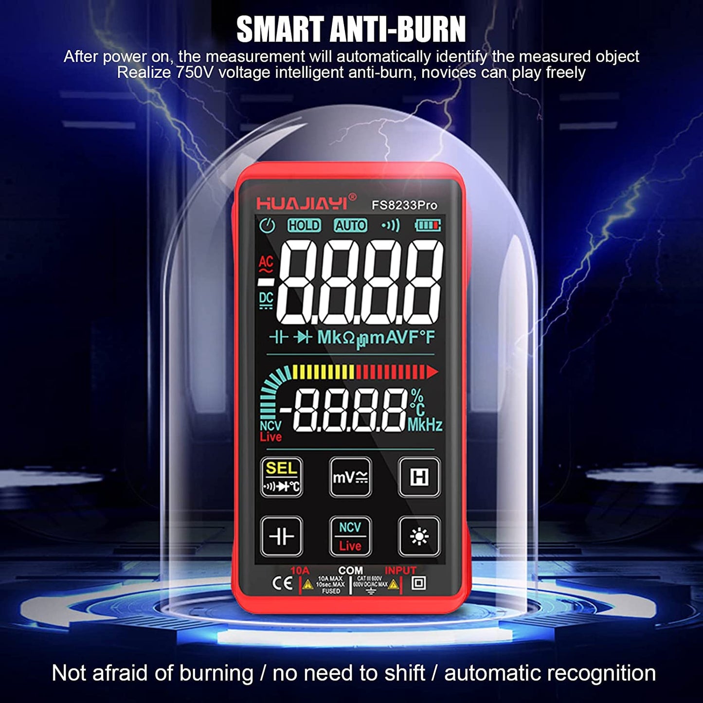 Multimetru digital smart cu touchscreen, selectare automata a parametrilor, tester AC/DC True RMS, 10000 counts, NCV, masoara curent, rezistenta, continuitate, capacitate, dioda, temperatura, frecventa