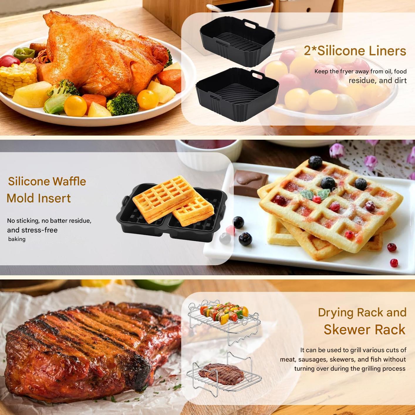 Set 23 accesorii pentru friteuza cu aer cald Philips Airfryer Dual Basket 3000/5000, cu tavi de silicon, forme de prajituri, 2 gratare, forma de vafe, suport paine, clesti