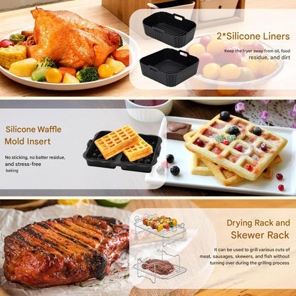 Set 23 accesorii pentru friteuza cu aer cald Philips Airfryer Dual Basket 3000/5000, cu tavi de silicon, forme de prajituri, 2 gratare, forma de vafe, suport paine, clesti