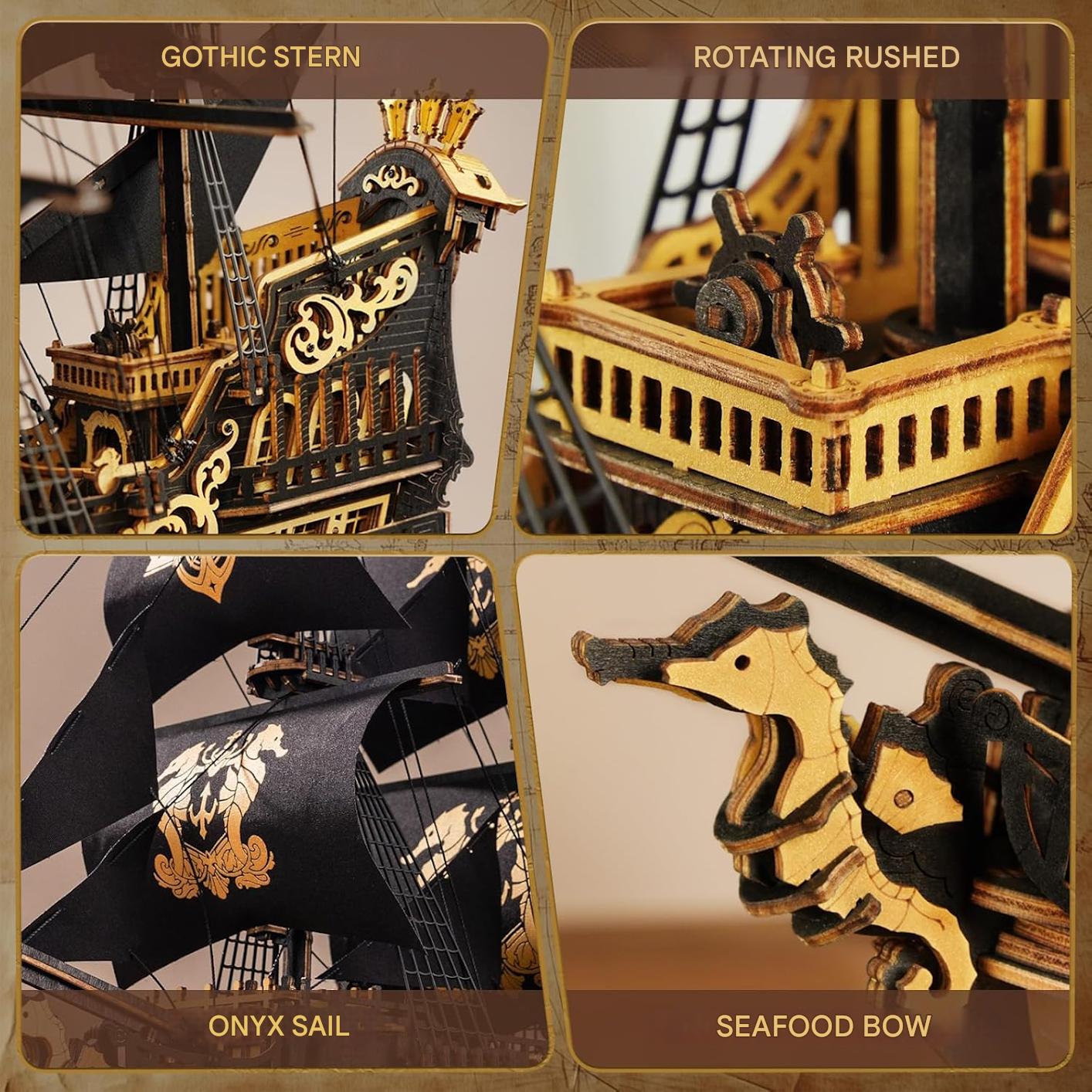 Puzzle 3D din lemn, model de barca cu panze si calut de mare, kit de constructie pentru adulti, decoratiuni artizanale, 603 piese, 47×18×39 cm, cadou special pentru barbati