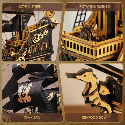 Puzzle 3D din lemn, model de barca cu panze si calut de mare, kit de constructie pentru adulti, decoratiuni artizanale, 603 piese, 47×18×39 cm, cadou special pentru barbati