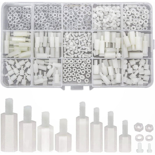 Set distantiere M2.5 M3 hexagonale mama-tata, pentru placa PCB, din Nylon, cu piulite si saibe din plasitc, albe