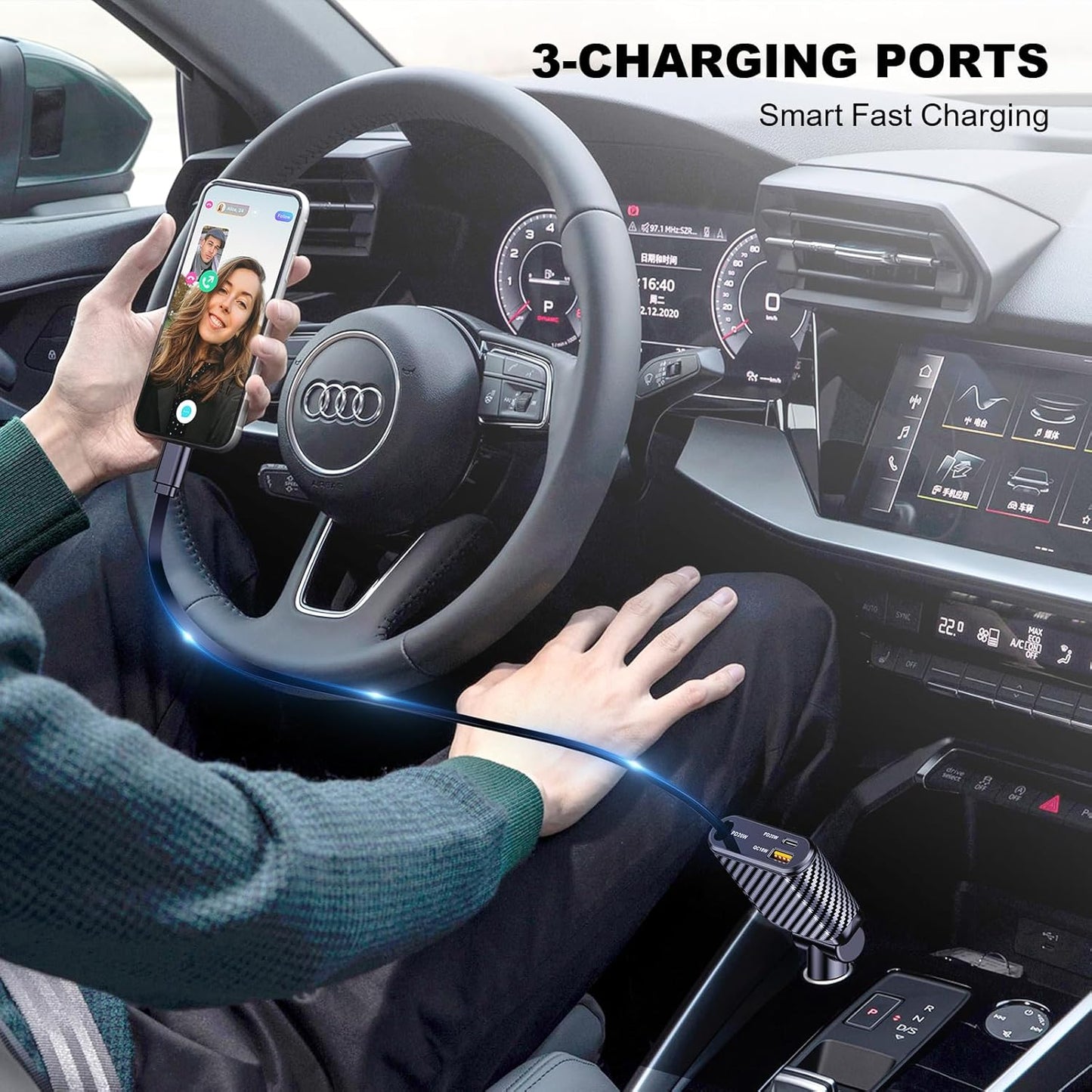Incarcator auto 3 in 1 fast charge 58W cu cablu Lightning retractabil de 90 cm, port USB-C si port USB-A, iPhone 16, 15, 14, 13 Pro