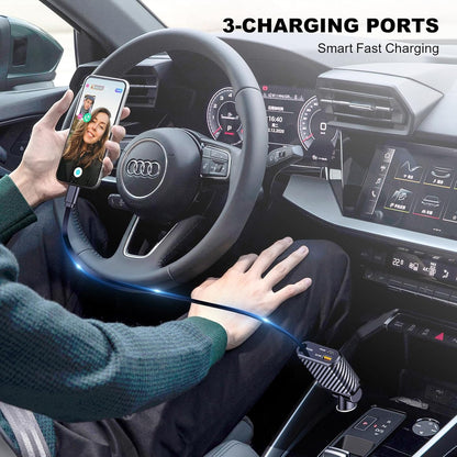 Incarcator auto 3 in 1 fast charge 58W cu cablu Lightning retractabil de 90 cm, port USB-C si port USB-A, iPhone 16, 15, 14, 13 Pro
