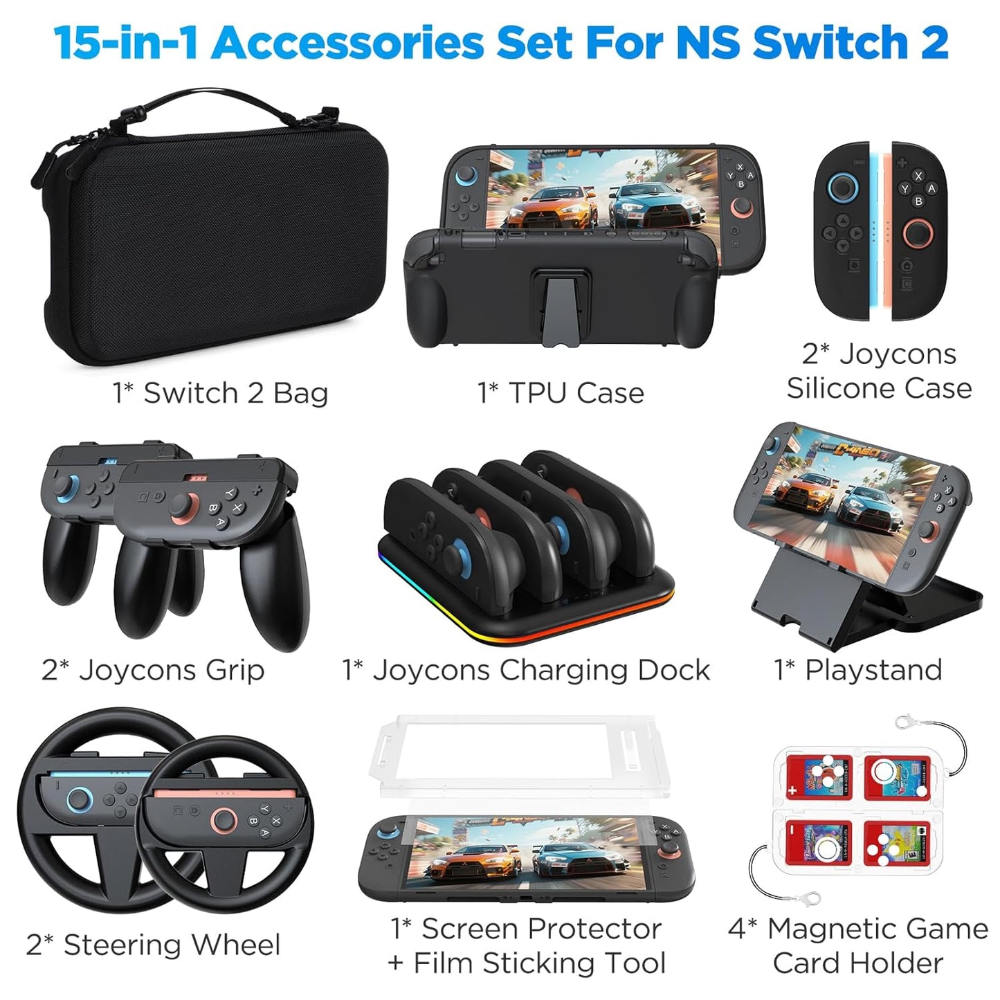 Set accesorii Yaskyly 15 in 1 pentru Nintendo Switch 2 – Geanta, husa protectie, folie ecran, suport, statie incarcare Joy-Con, husa transport si cutie pentru jocuri