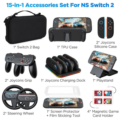 Set accesorii Yaskyly 15 in 1 pentru Nintendo Switch 2 – Geanta, husa protectie, folie ecran, suport, statie incarcare Joy-Con, husa transport si cutie pentru jocuri
