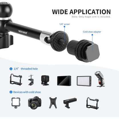 Set brat articulat 11 inch Magic Arm si clema Super Clamp cu filet de 1/4 inch si 3/8 inch, sarcina maxima 2 kg, pentru monitor camera video, lumina LED, Ring Light