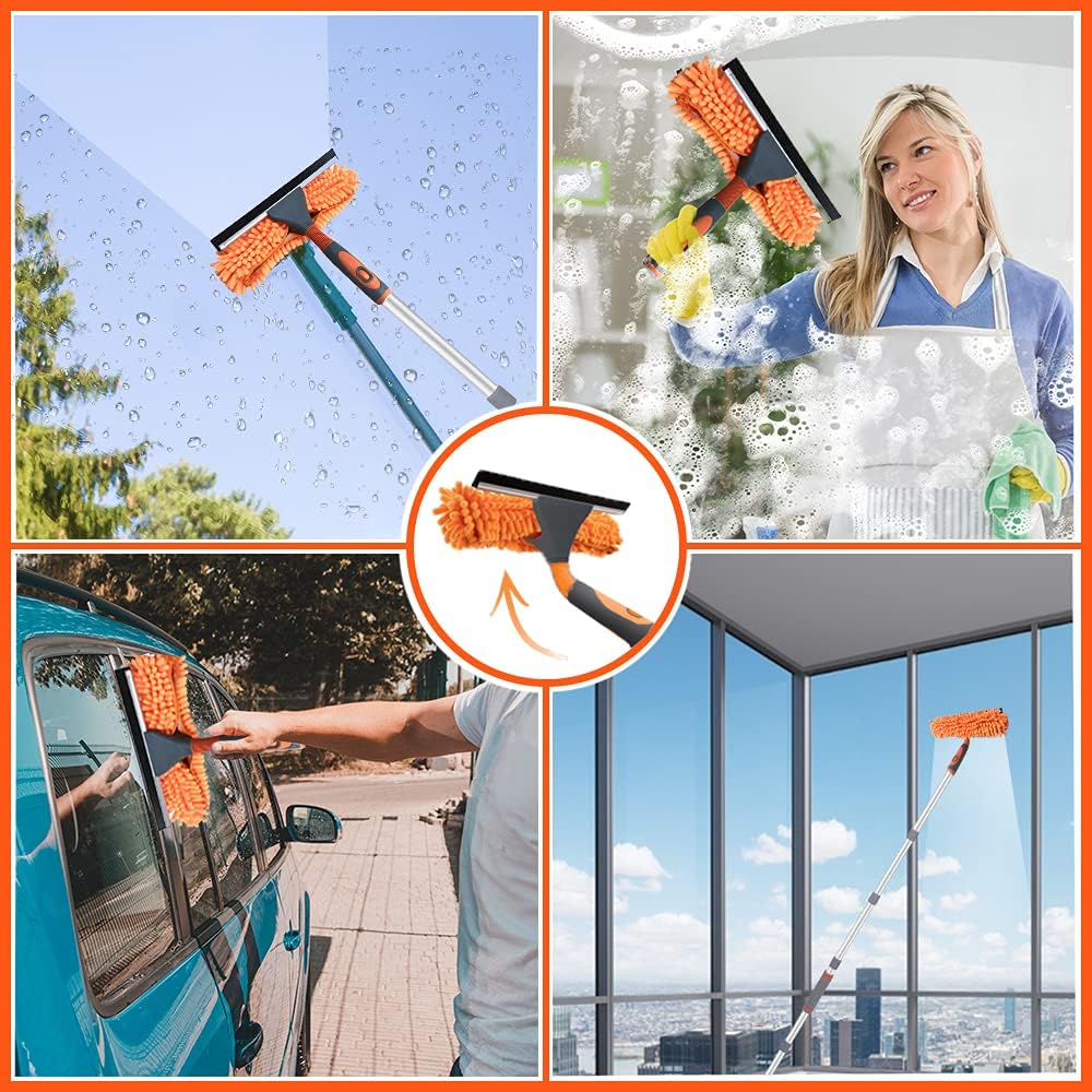 Stergator de geamuri cu maner telescopic, laveta din microfibra, 3 capuri interschimbabile, pentru curatare geamuri si locuri greu accesibile