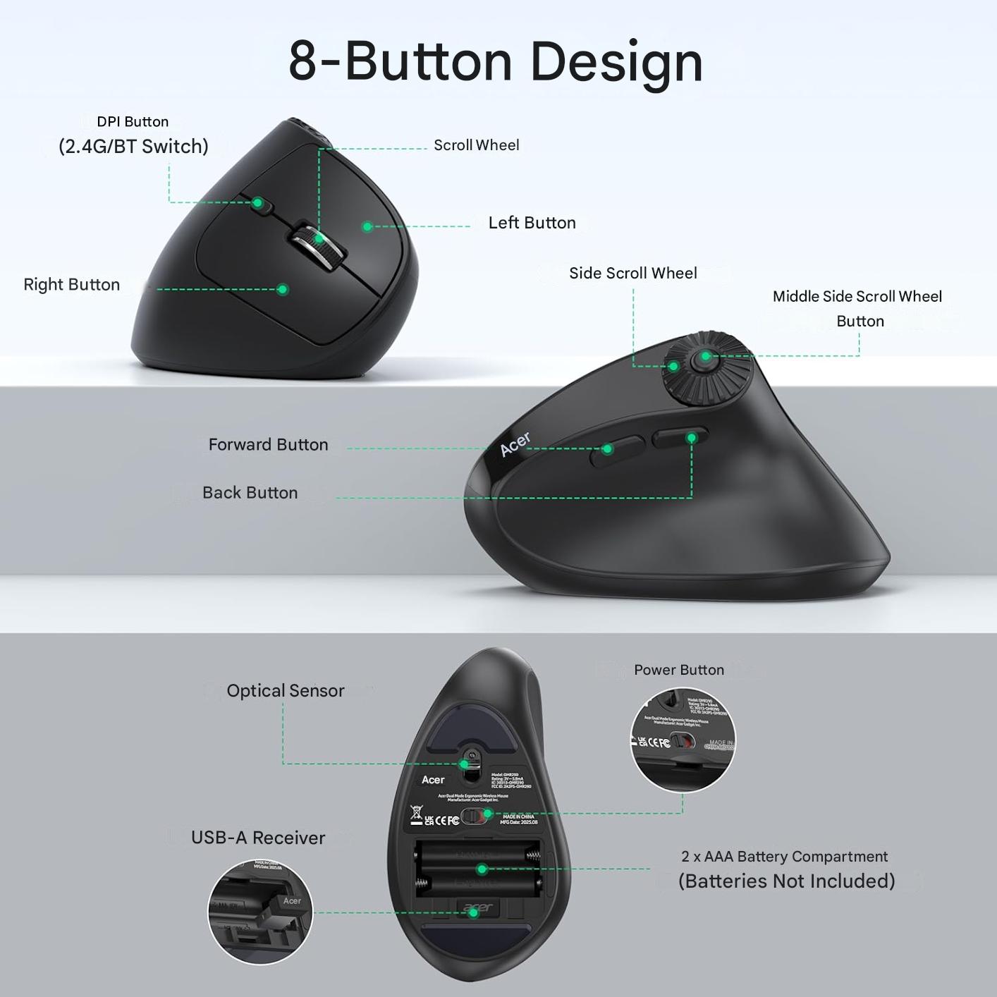 Mouse Wireless vertical Acer, Bluetooth 5.2 + 2.4GHz, 4000 DPI, 8 butoane, rotita scroll laterala, conectare 3 dispozitive, ergonomic 59°, negru