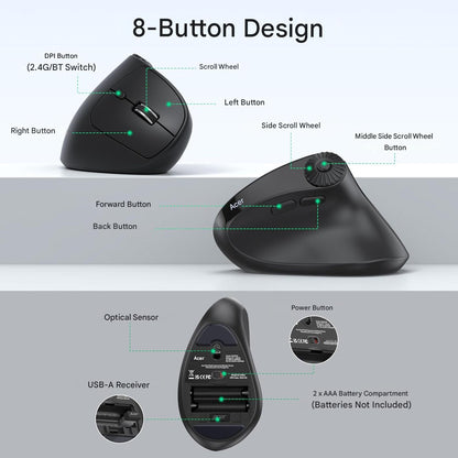 Mouse Wireless vertical Acer, Bluetooth 5.2 + 2.4GHz, 4000 DPI, 8 butoane, rotita scroll laterala, conectare 3 dispozitive, ergonomic 59°, negru