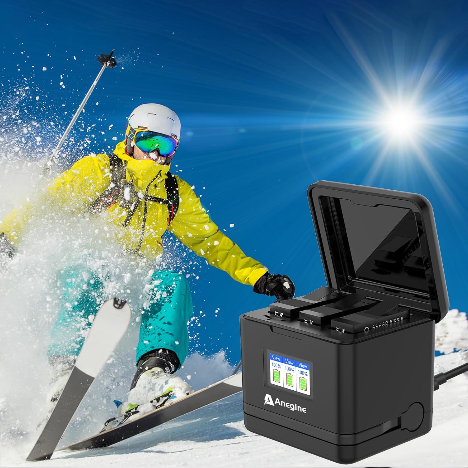 Set 3 acumulatori 2300 mAh pentru GoPro Hero 13 Black cu incarcator cu 3 sloturi, display LCD, cablu USB-A si slot USB-C, negru