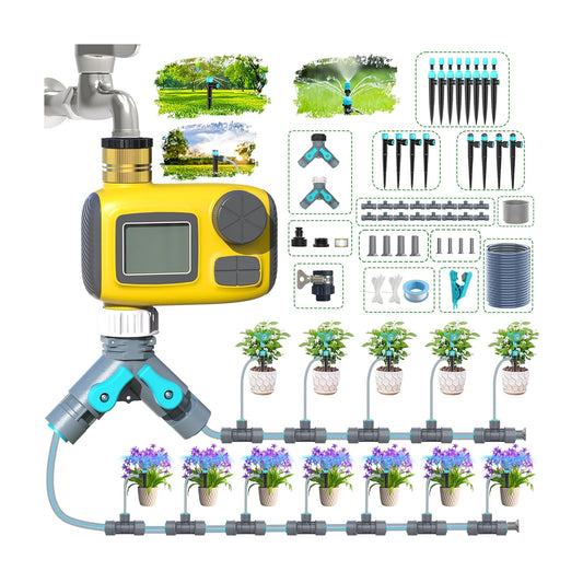 Sistem de irigare automat cu temporizator digital, kit picurare programabil, afisaj LCD, pana la 3 programe zilnice, mod manual si intarziere ploaie, filtru metalic, conexiune alama 360°, rezistent IP55, pentru gradina, gazon si sera