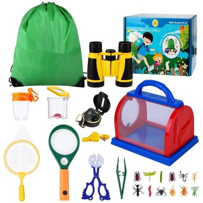 Set de cercetare pentru explorarea in aer liber pentru copii, kit explorator 24 piese cu binoclu, busola, lupa, plasa pentru fluturi, penseta pentru insecte