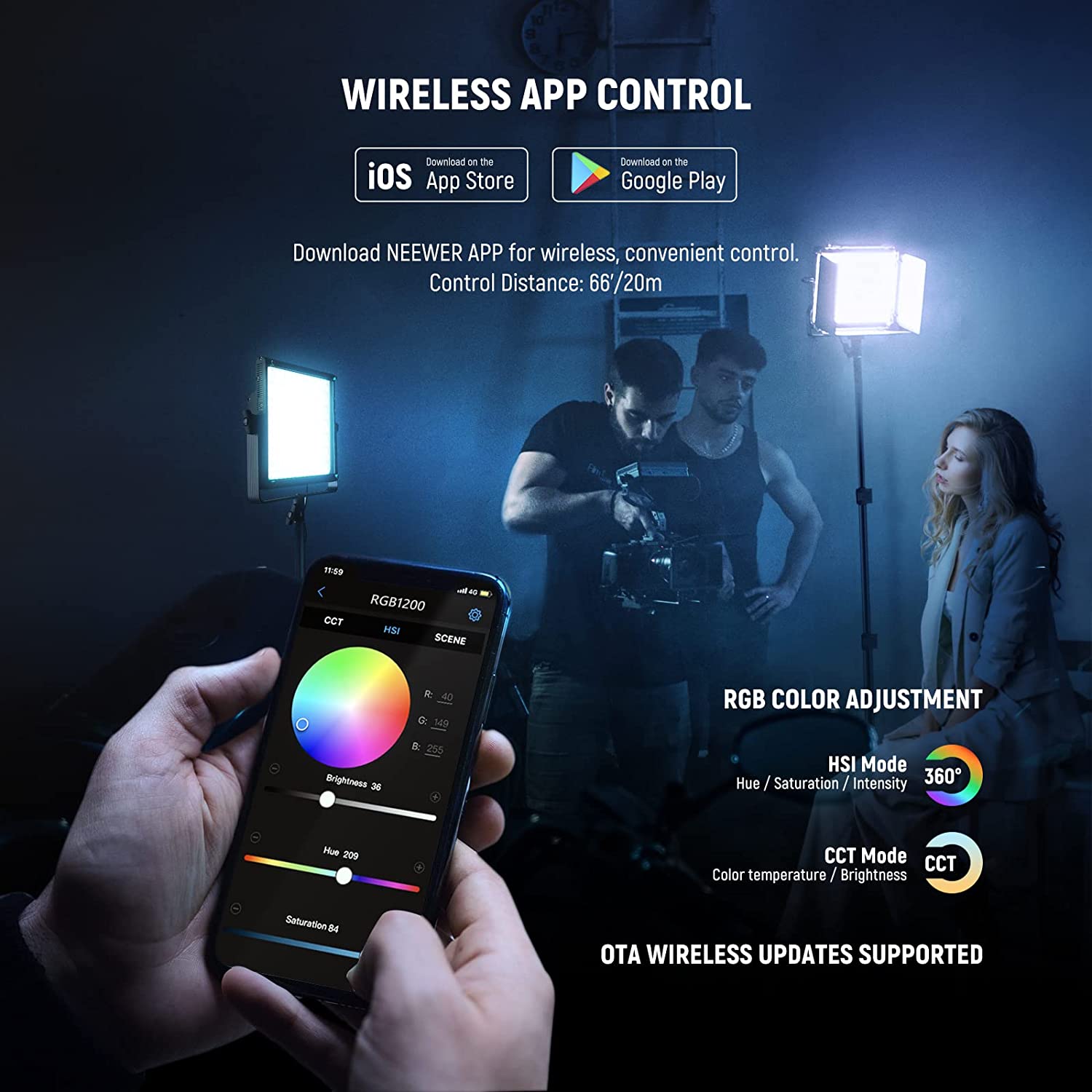 Lumina continua LED RGB cu control aplicatie si 2.4G, 22.000 Lux@0,5m, CRI 97+ / TLCI 98+ / 2500K-8500K, 18 moduri de scena, ajustare culoare 360°, din aliaj de aluminu, Neewer