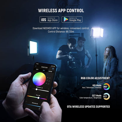 Lumina continua LED RGB cu control aplicatie si 2.4G, 22.000 Lux@0,5m, CRI 97+ / TLCI 98+ / 2500K-8500K, 18 moduri de scena, ajustare culoare 360°, din aliaj de aluminu, Neewer