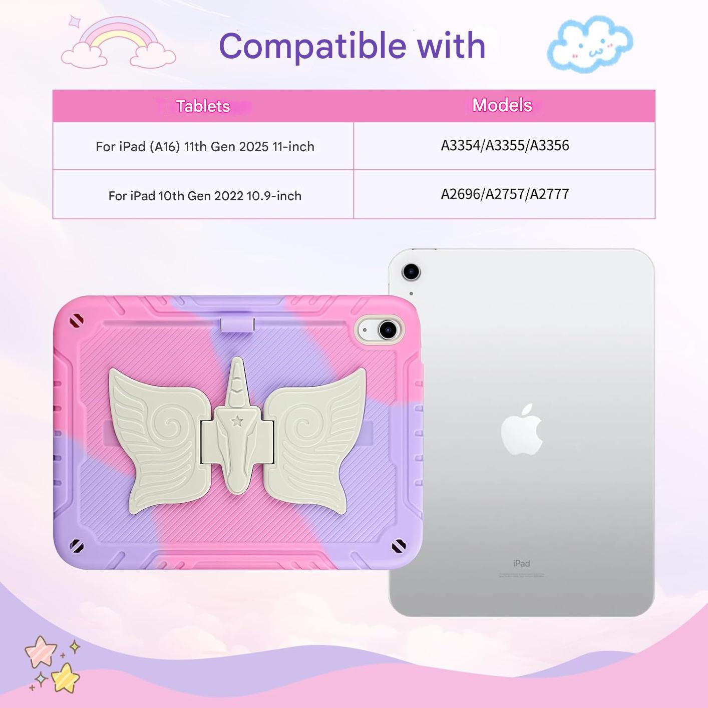 Husa pentru iPad (A16) a 11-a generatie de 11 inch 2025, iPad a 10-a generatie de 10,9 inch 2022 pentru copii, cu protectie pentru ecran, curea de umar, suport unicorn pentru creio - roz
