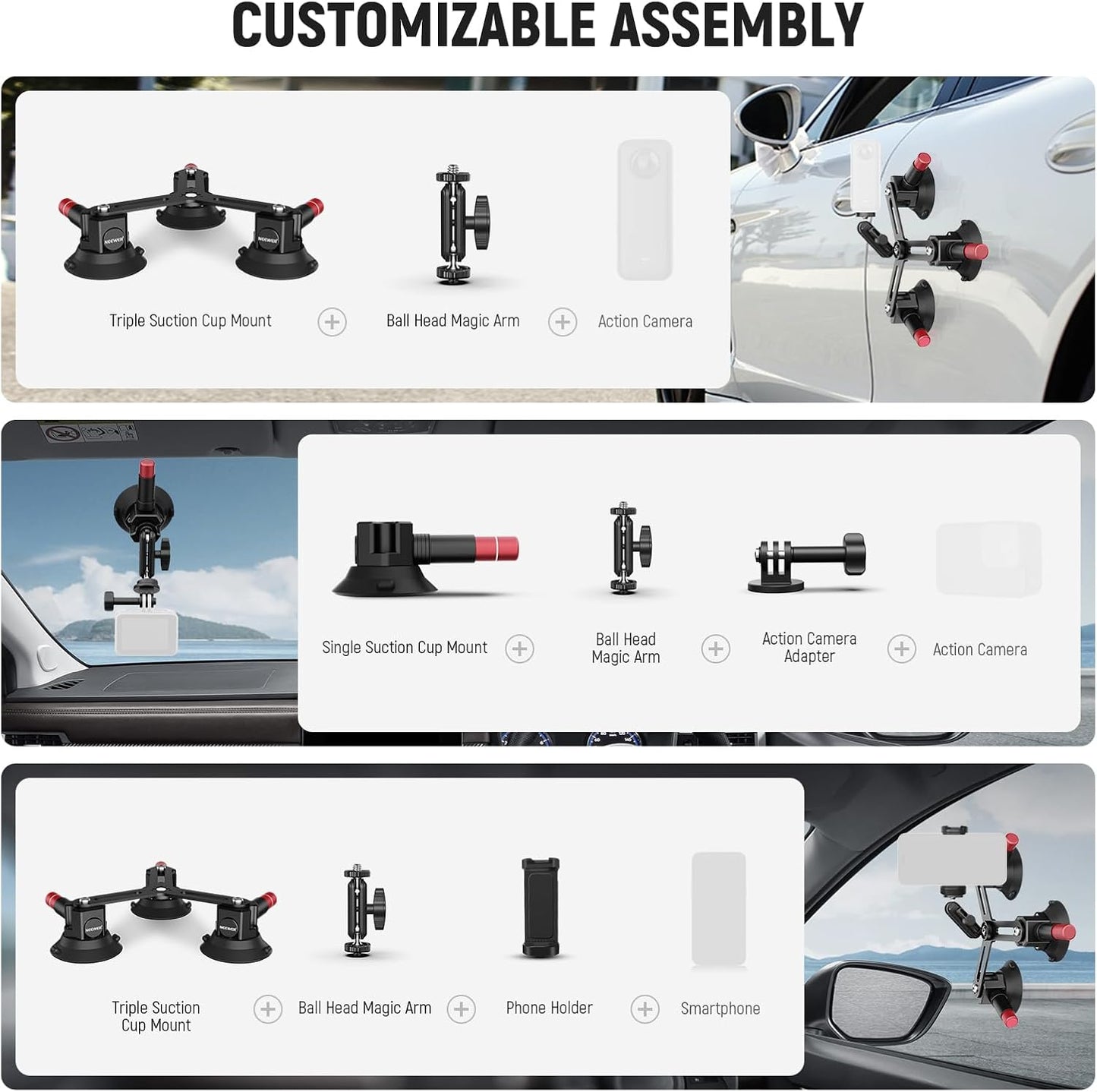 Suport auto cu 3 ventuze pentru camera de actiune si telefon, cu montura cap bila rotativa 360°, sistem eliberare rapida, pentru GoPro, DJI Osmo, Insta360, iPhone, Samsung, negru