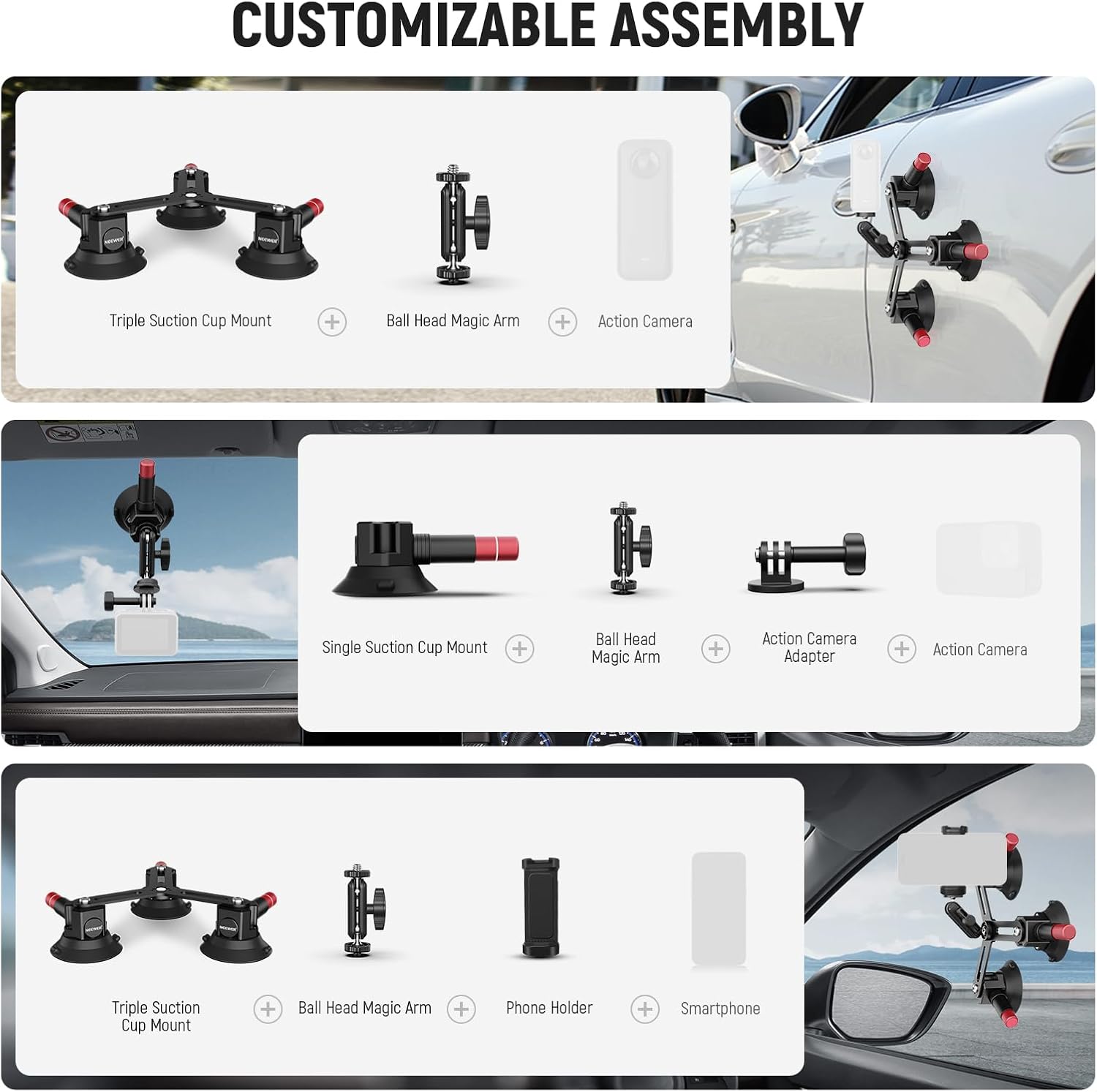 Suport auto cu 3 ventuze pentru camera de actiune si telefon, cu montura cap bila rotativa 360°, sistem eliberare rapida, pentru GoPro, DJI Osmo, Insta360, iPhone, Samsung, negru