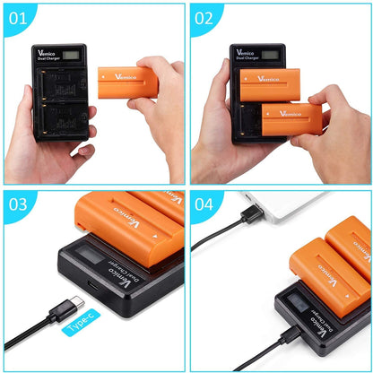 Set 2 acumulatori si incarcator cu LCD Vemico, NP-F550 3000 mAh , cablu USB tip C, baterie de schimb pentru camera NP F970 / F960 / F770 / F750 / F570 / F550 / F530 / F330 / CCD-SC55 / TR516 / TR716 / TR818 / TR910 / TR917 / TR940