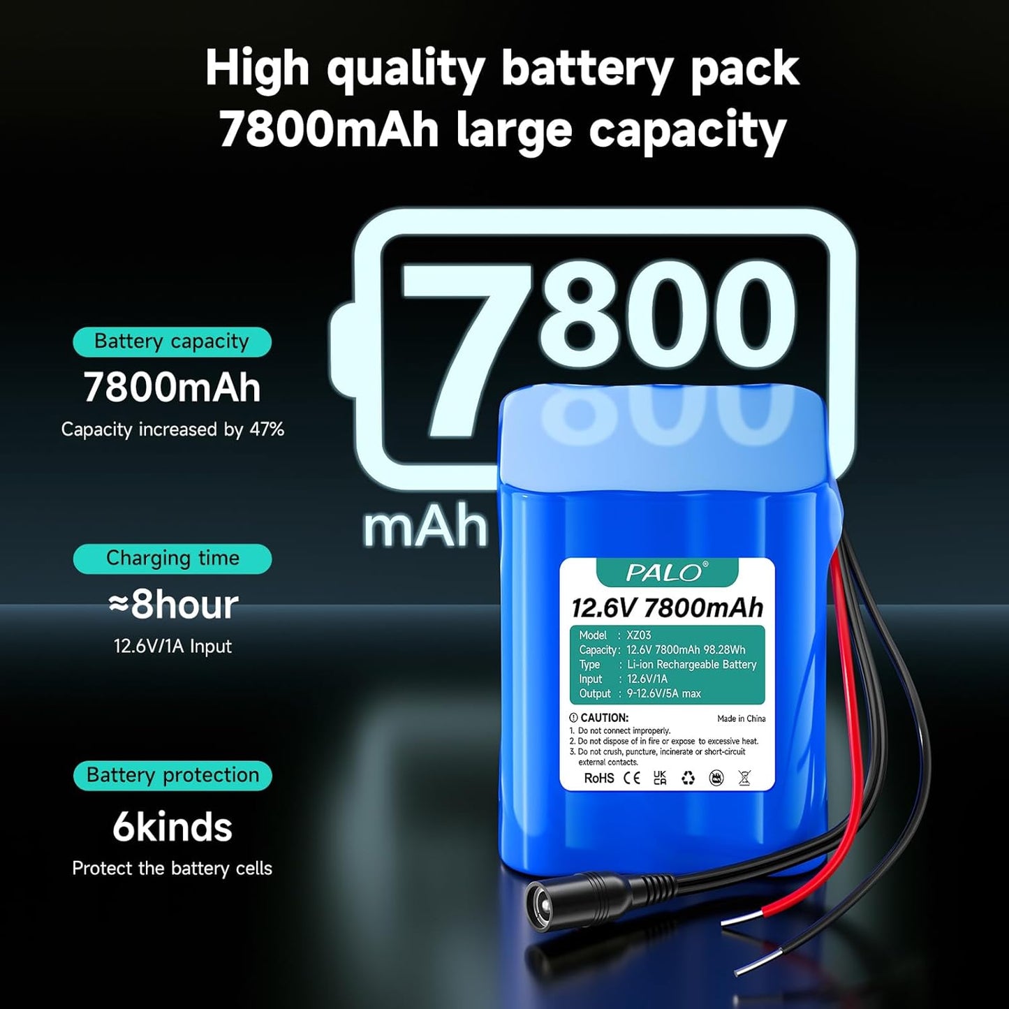 Acumulator 12.6V 7800 mAh, baterie Li-ion cu incarcator, mufe si cablu alimentare mama/tata, suporta incarcare de la panou solar, pentru RC, camere wireless, camere supraveghere, playere portabile, benzi LED, drone, router wireless