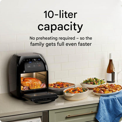Friteuza Chefman cu aer cald, 10L, 1800 W, 17 optiuni presetate, cu ecran digital, rotisor inclus, deshidrator, convectie rapida, oprire automata, fereastra mare de vizualizare, accesorii din otel inoxidabil, gatit sanatos